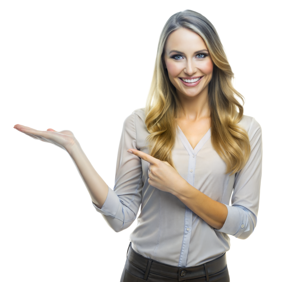 A woman in business clothing smiles and points, presenting with her open hand png
