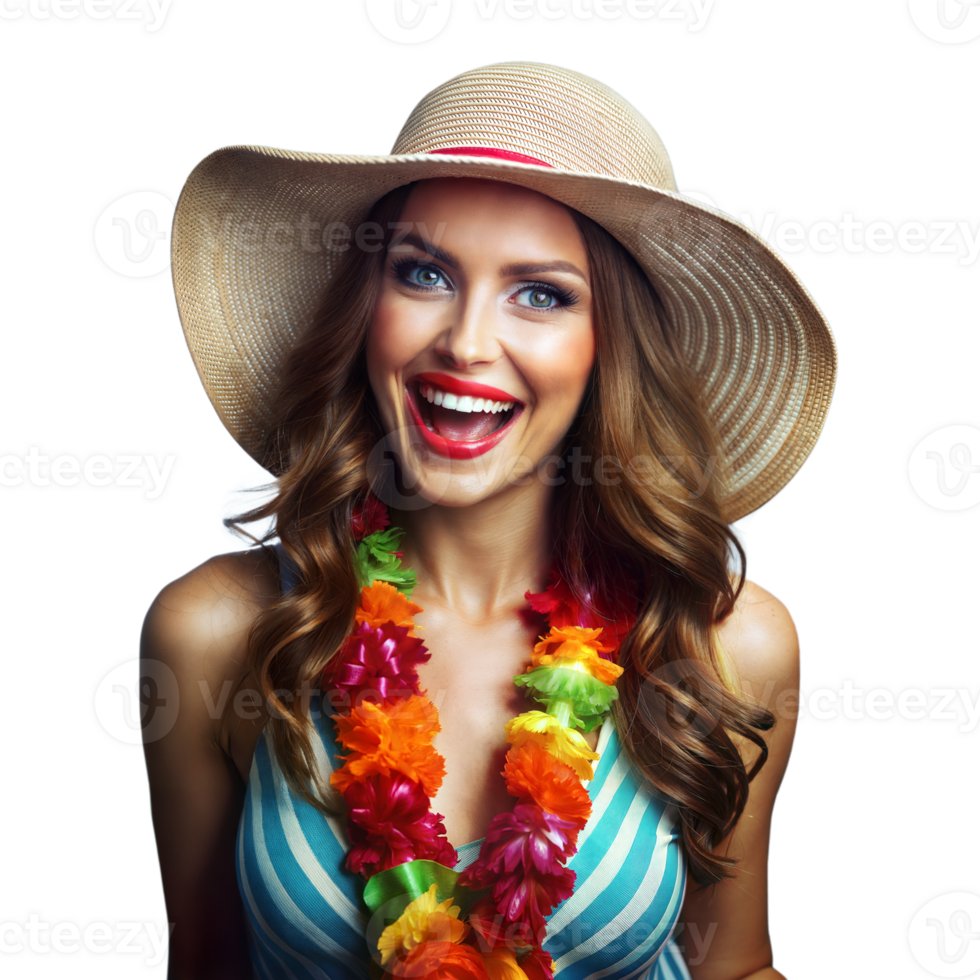 A cheerful woman, wearing a colorful lei and straw hat, enjoys a summer festival png