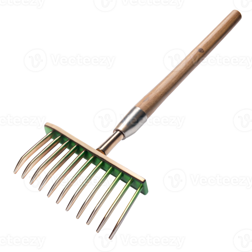 Wooden-handled metal rake shown on a transparent background, ideal for raking leaves or soil png