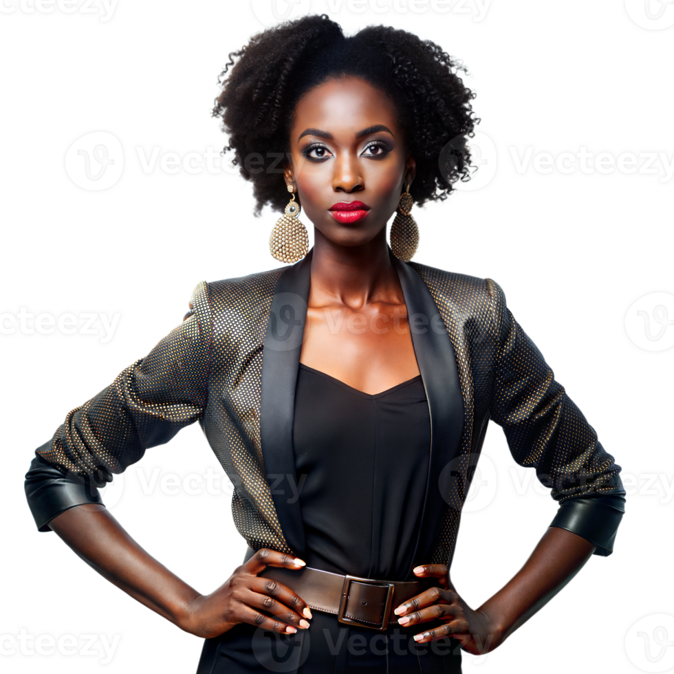 Woman in a textured blazer, wearing bold earrings, poses confidently with hands on hips png