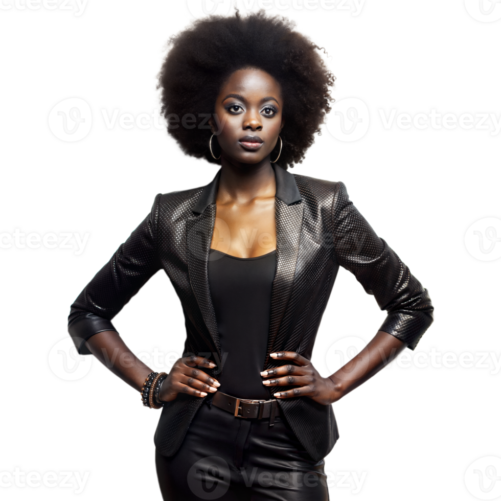 A confident woman with an afro hairstyle stands with hands on hips, dressed in a stylish black leather jacket png