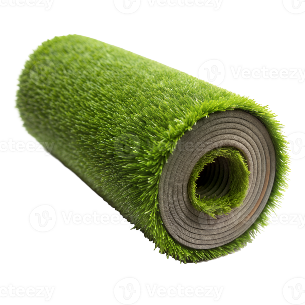 Close-up view of an artificial green grass turf roll on a transparent background, ideal for outdoor landscaping projects png