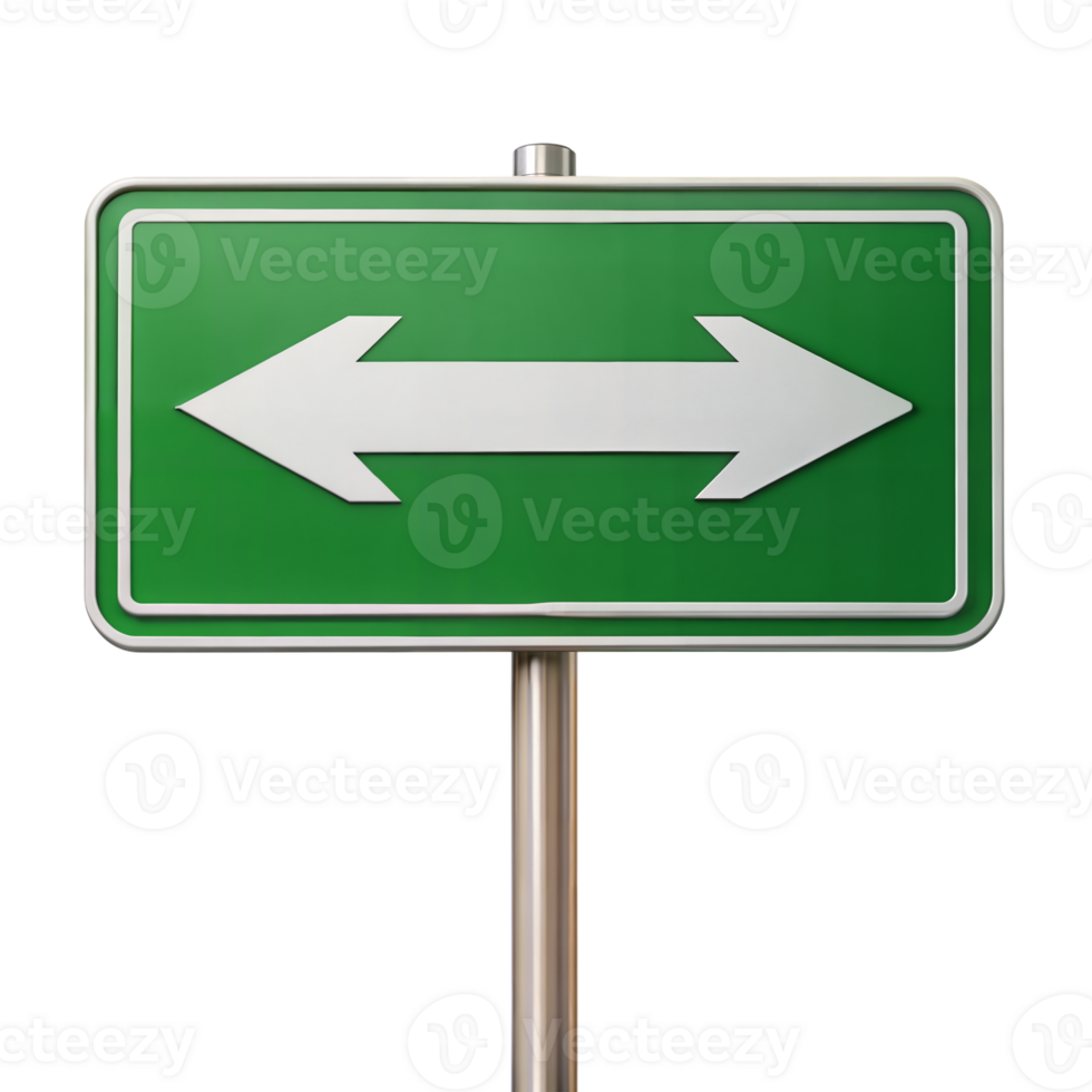 A green road sign with double white arrows pointing left and right on a transparent background png