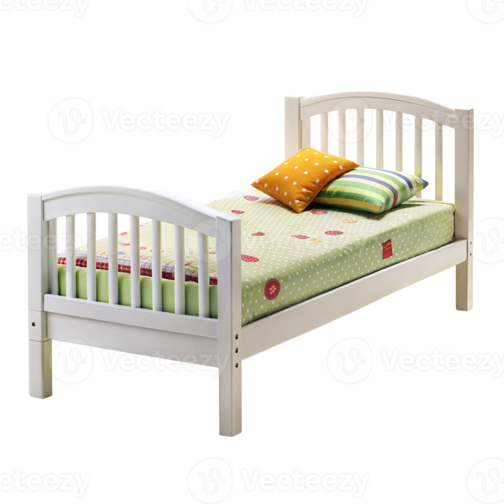 A single bed with a white wooden frame and colorful bedding including