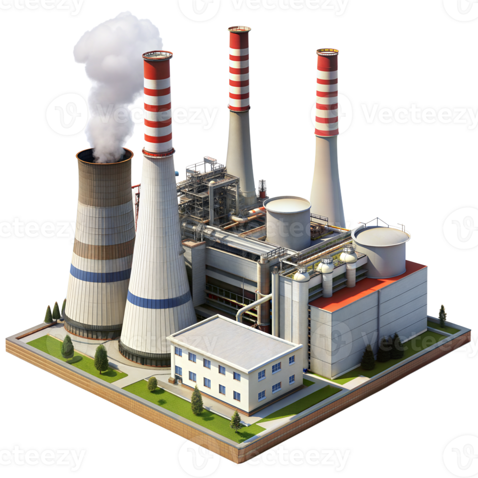 A modern power plant features red and white striped chimneys, with smoke billowing from one, within an industrial complex png