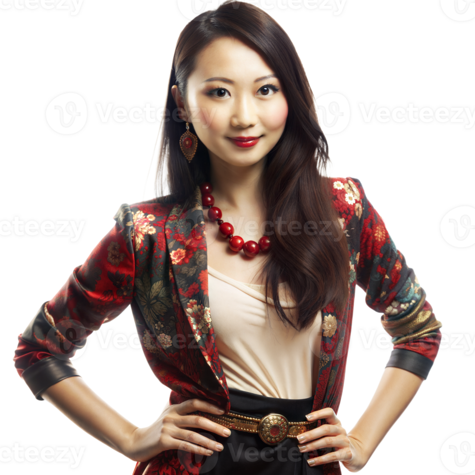 Confident woman wearing a floral jacket and red necklace, standing with hands on hips, smiling png