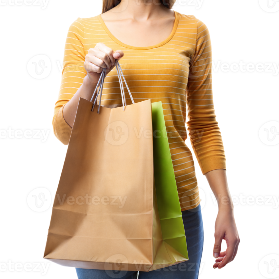 A woman dressed casually in jeans and a striped top holds several shopping bags, standing against a transparent background png
