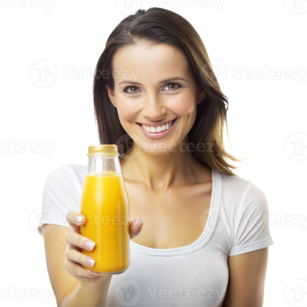 A cheerful woman in a white shirt is holding a bottle of fresh orange juice with a smile png