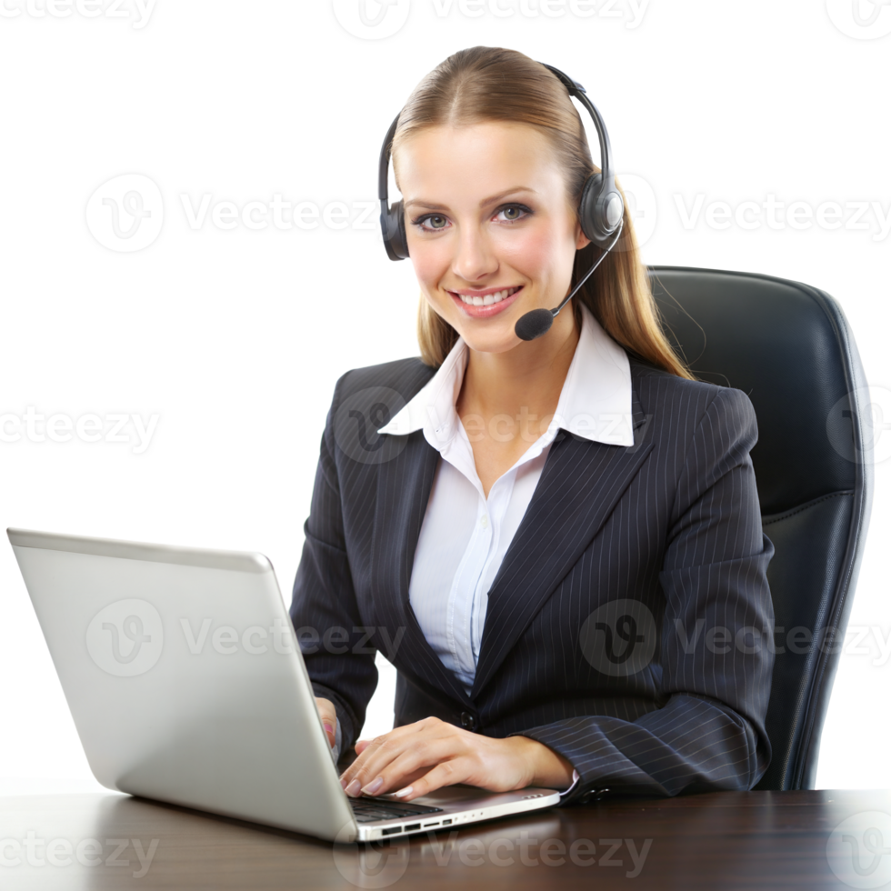 Smiling woman in a suit with a headset, using a laptop at her desk in a modern office setting png