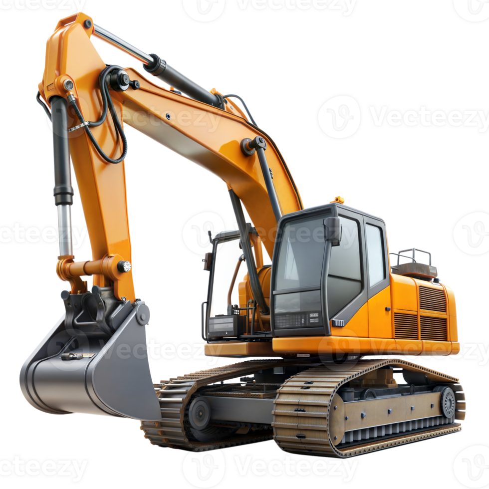 Bright yellow excavator on tracks, ready for heavy-duty digging at a construction site during the daytime png