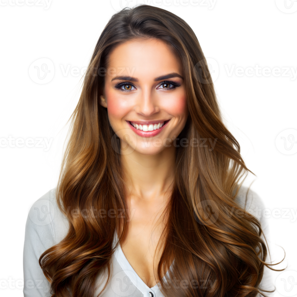 Portrait of a smiling woman with long brown hair in a white shirt png