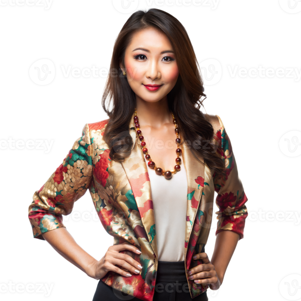 A professional woman with a floral blazer and statement necklace poses confidently png