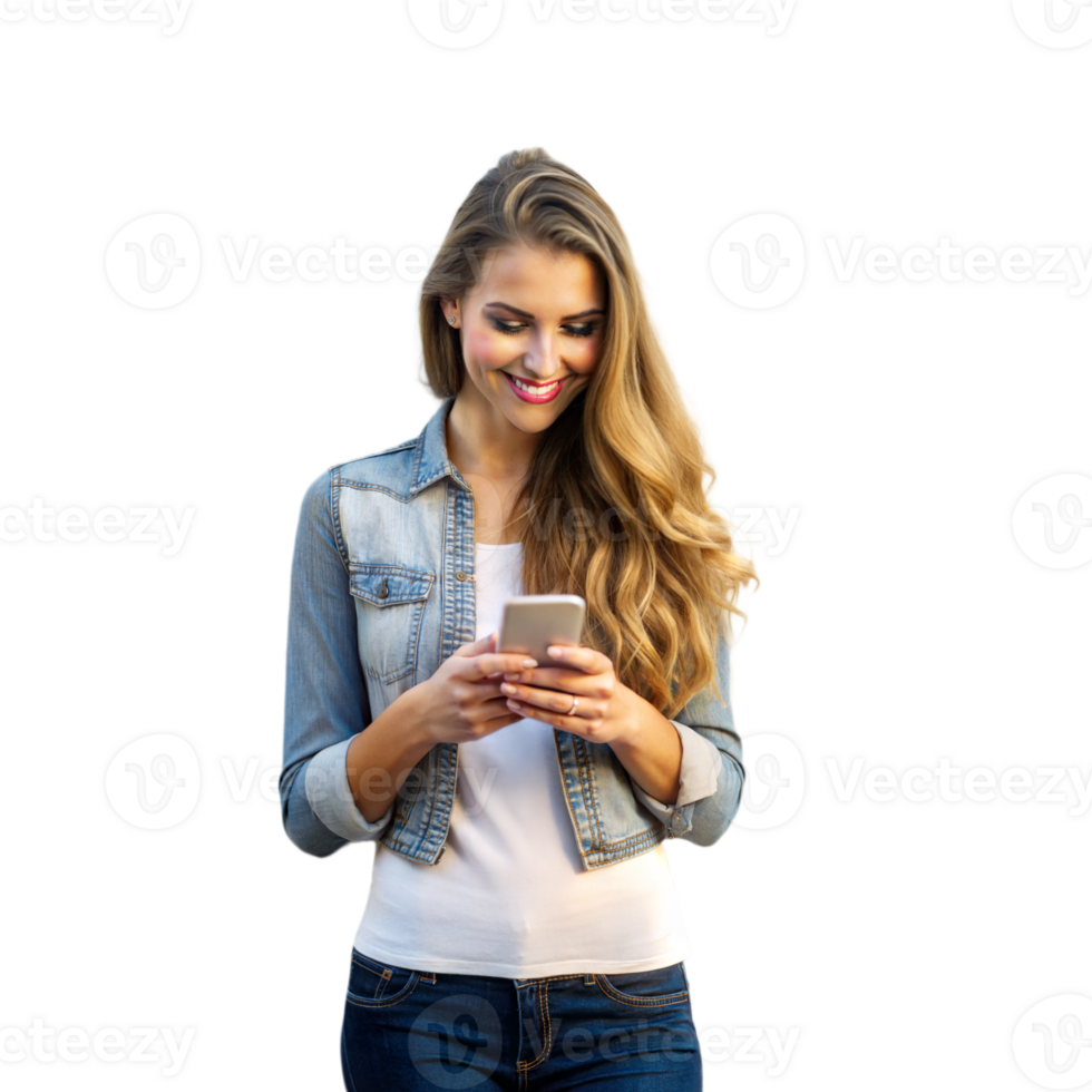 Smiling young woman using her smartphone png