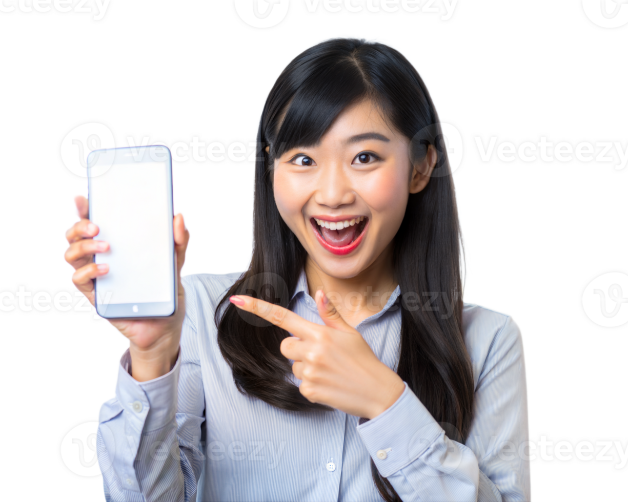 Woman in business attire, smiling and pointing at a blank smartphone screen with excitement png