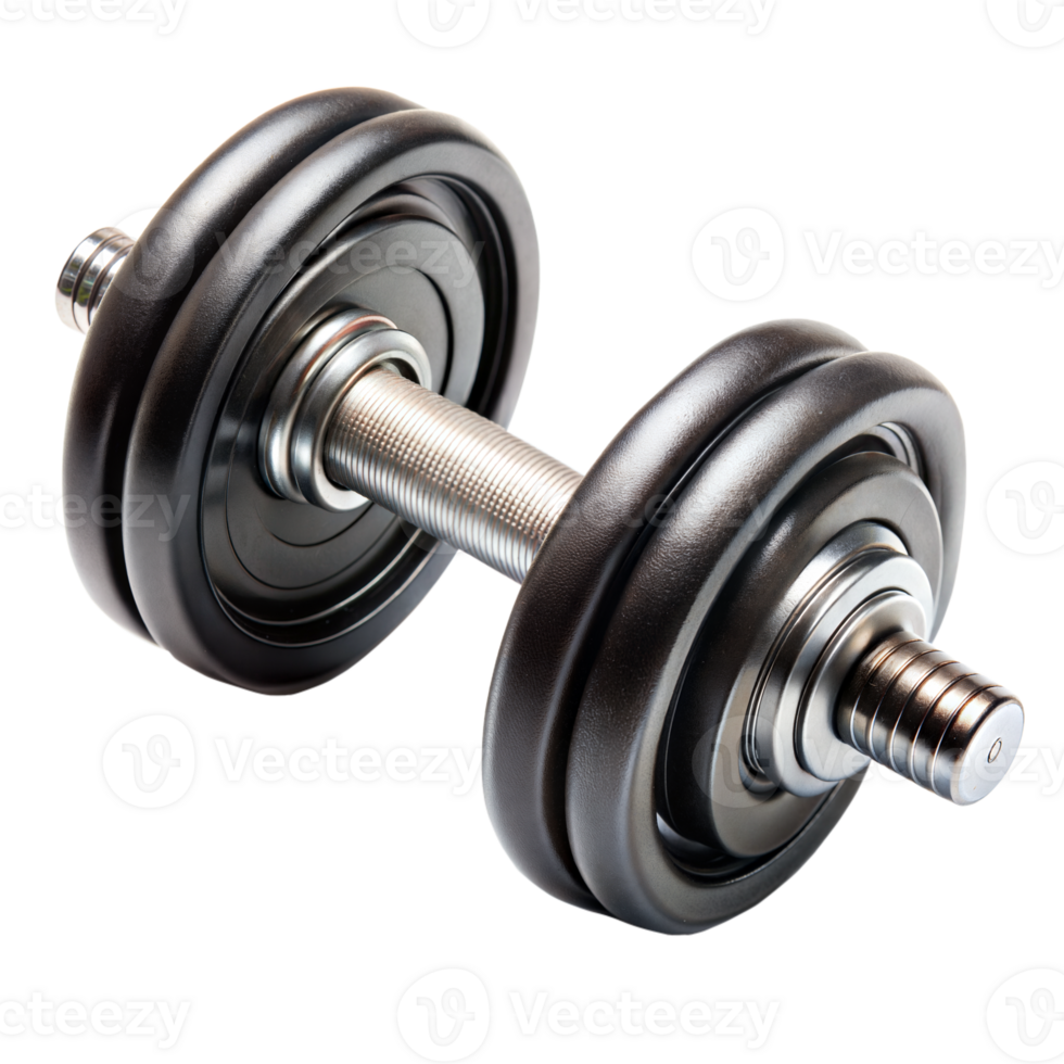 Black adjustable dumbbell with metal handle and weights, ideal for strength training and exercises png