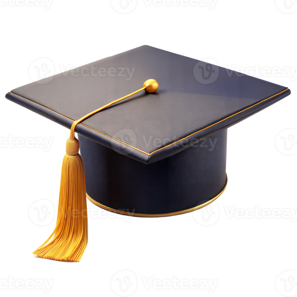 Black graduation cap with a gold tassel shown on a clear, transparent background, perfect for celebratory occasions png