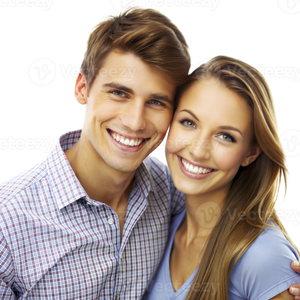 A young couple smiling and embracing, standing close together png