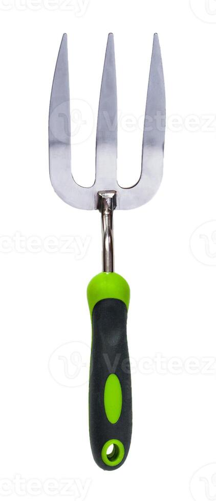 Small garden tool - steel planting fork with green handle isolated on a white background photo