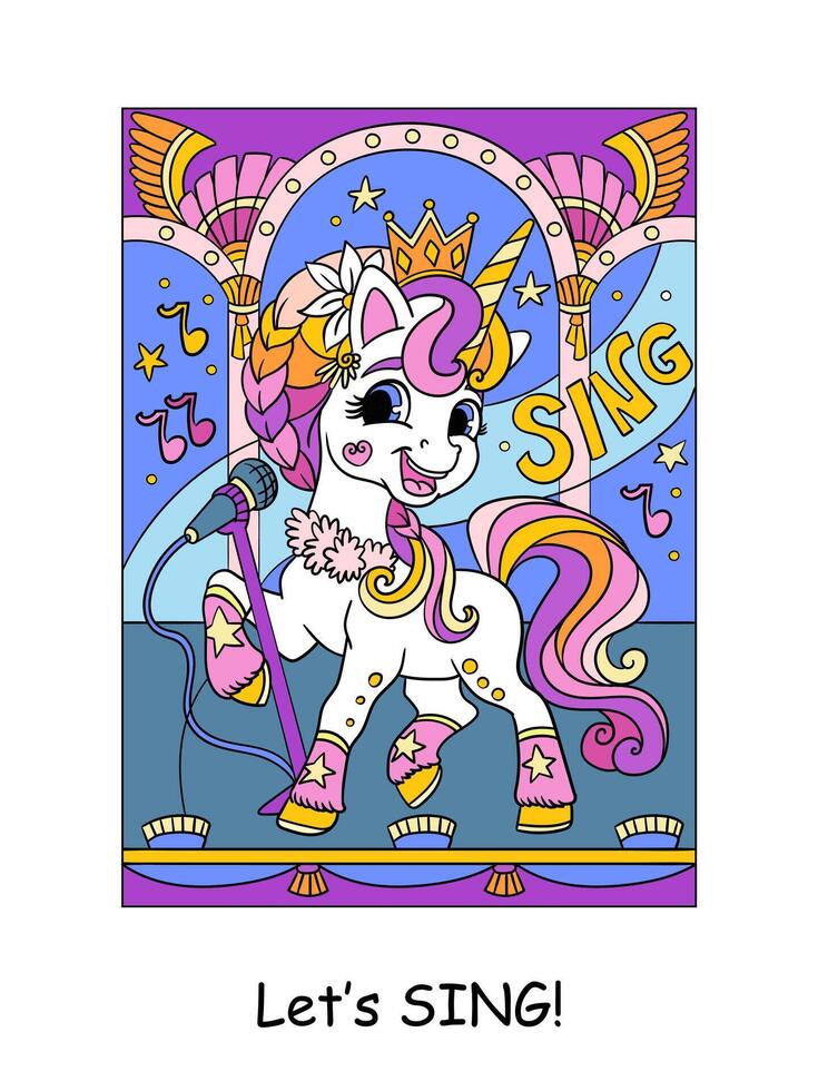 Cute unicorn pop star singer and lettering sing illustration vector