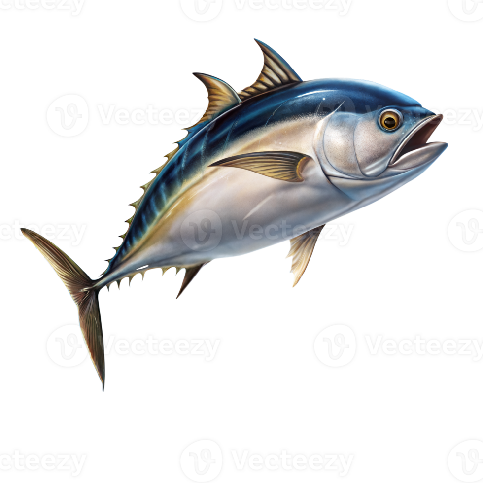 A detailed, lifelike illustration of a bluefin tuna swimming forward, highlighting its anatomical features against a transparent backdrop png
