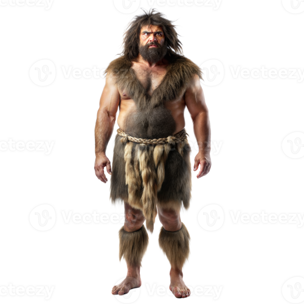 A primitive man wearing animal skins poses confidently with a transparent background png