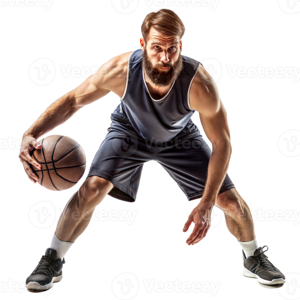 Bearded man in athletic wear dribbling a basketball with intense concentration and determination png
