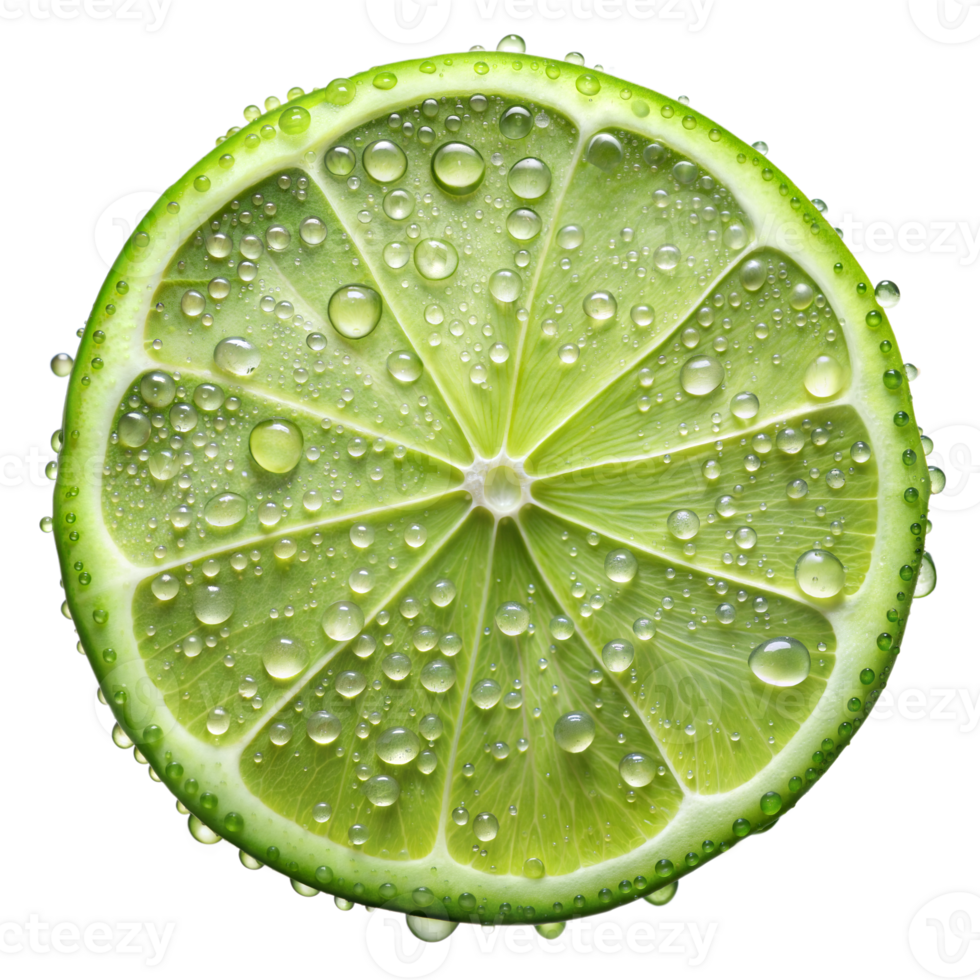 A close-up image of a fresh lime slice covered in water droplets on a transparent background png