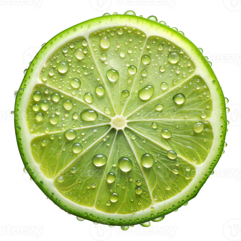 A close-up of a lime slice covered in water droplets, on a transparent background png