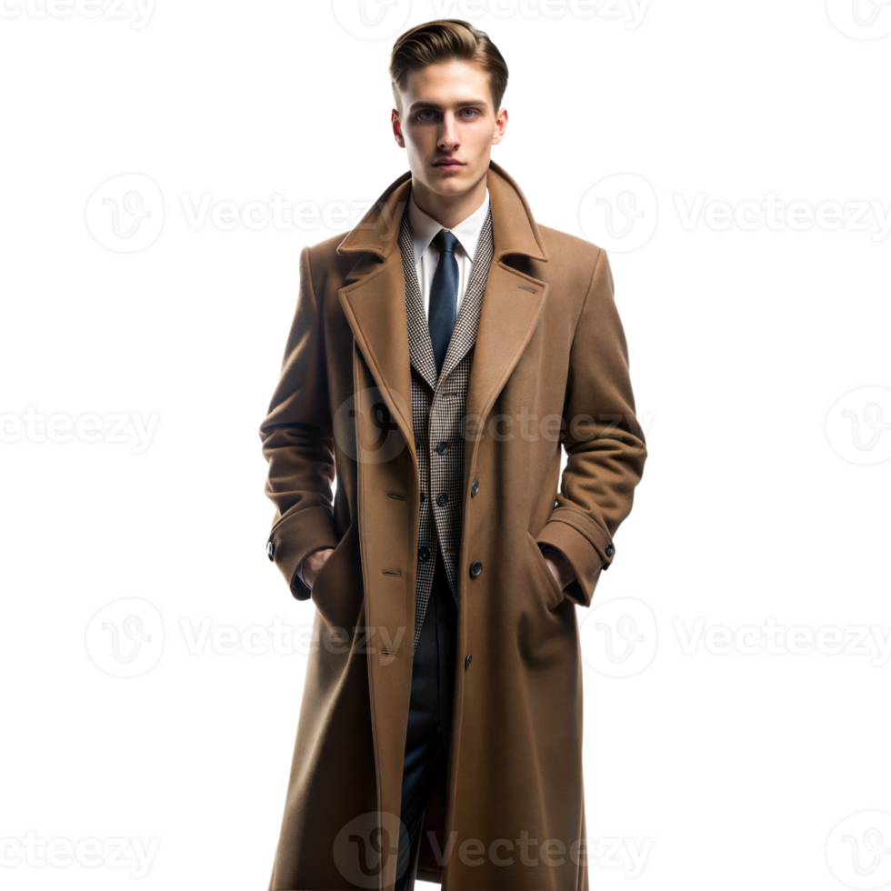 Man in a brown overcoat poses confidently in a studio with a transparent background png