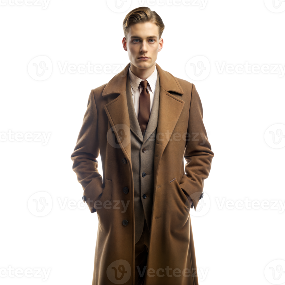 Man in a brown vintage coat and suit posing confidently against a transparent background png