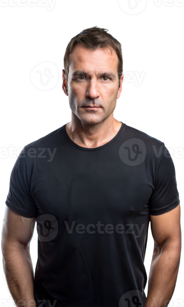 A man stands confidently in a black t-shirt png