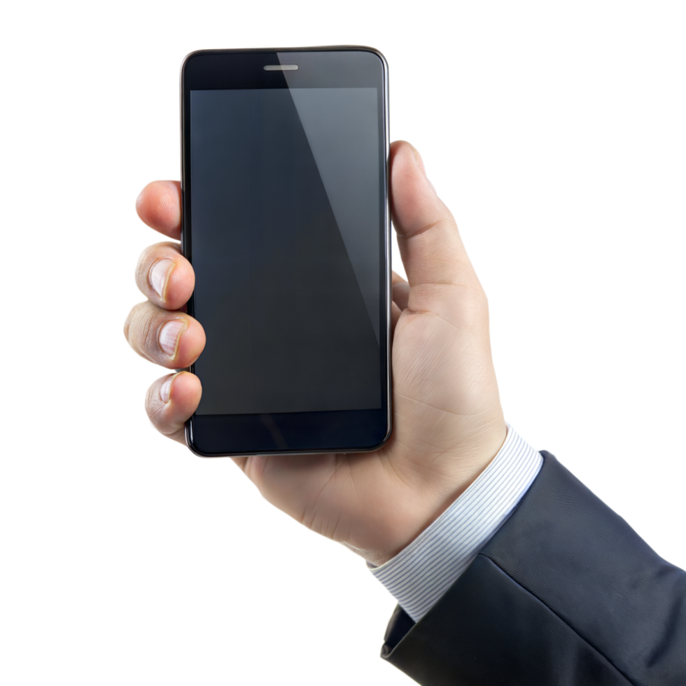 Hand holding a sleek black smartphone with a transparent background for digital use png