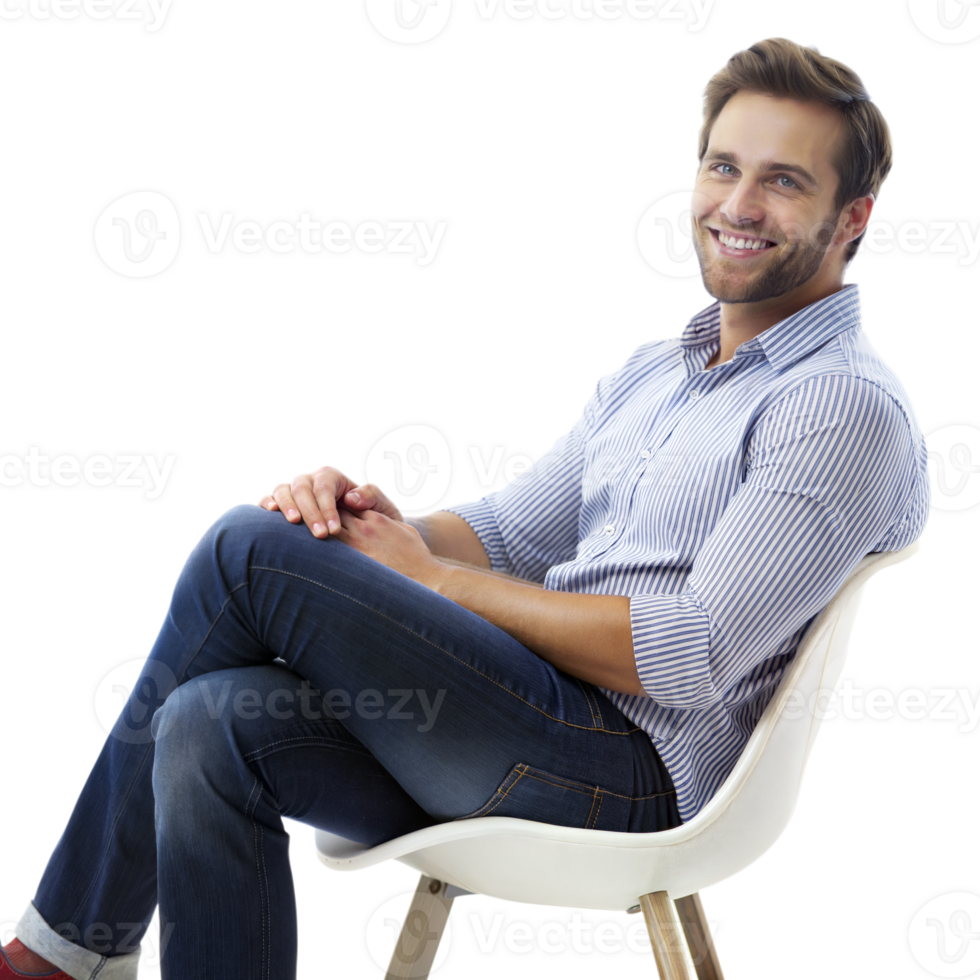 Man with a striped shirt and jeans sitting on a modern white chair, smiling warmly png