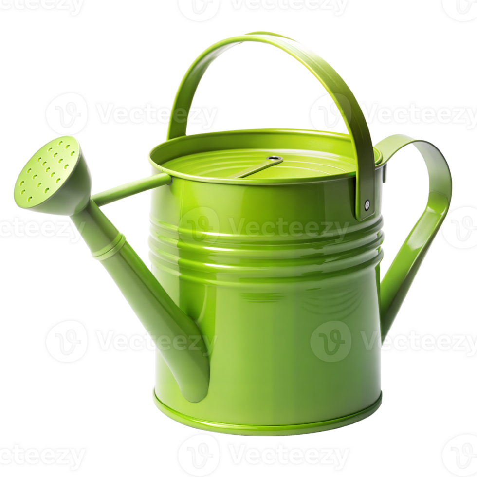 A vibrant green metal watering can with a top handle and spout on a transparent backdrop png