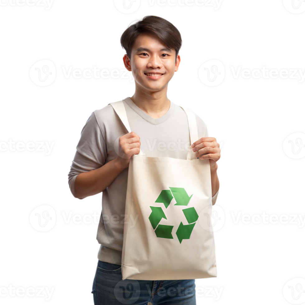 Smiling young man holds a reusable bag with a recycle symbol, advocating for sustainable living png
