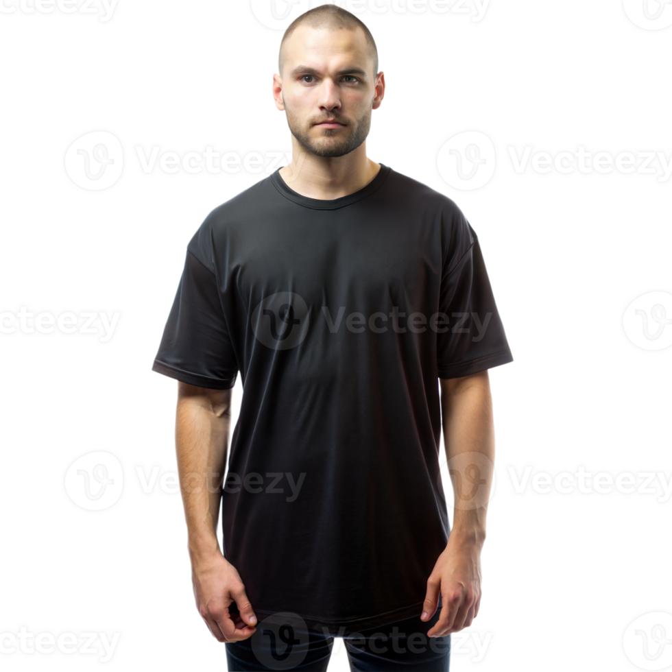 A man in a black t-shirt stands confidently in a studio with a transparent background png