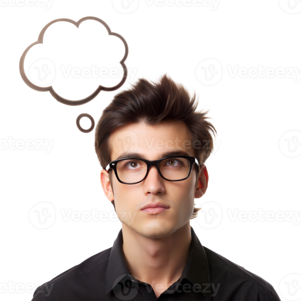 Young man with glasses looking up, thinking, against transparent background png