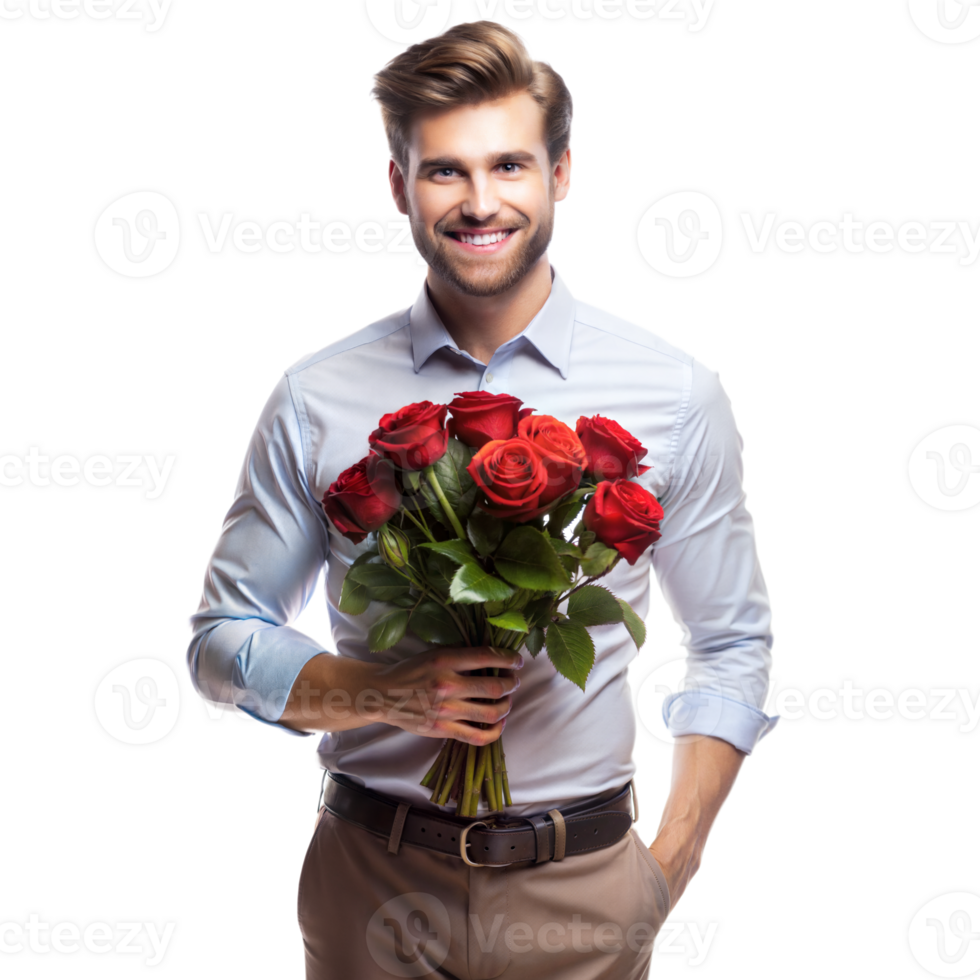 A happy man in a light blue shirt and khaki pants holds a bouquet of red roses while smiling png