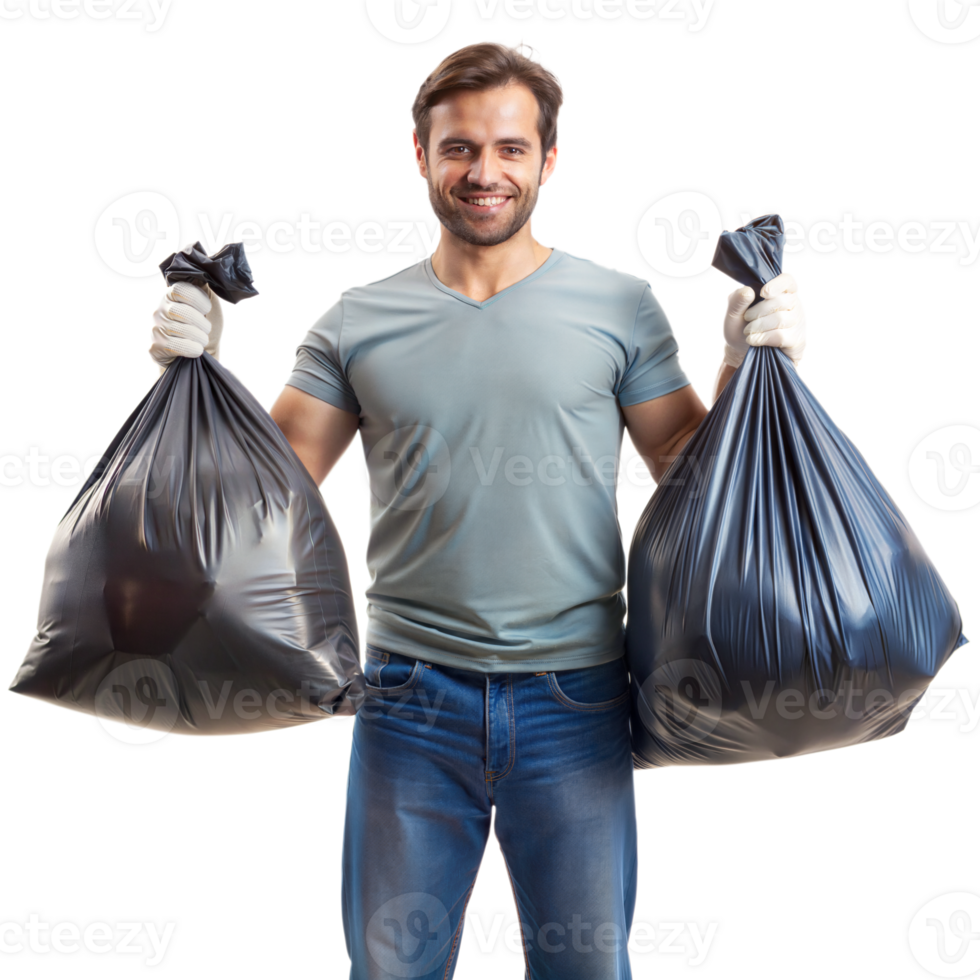 An individual wearing gloves holds two black trash bags, smiling png