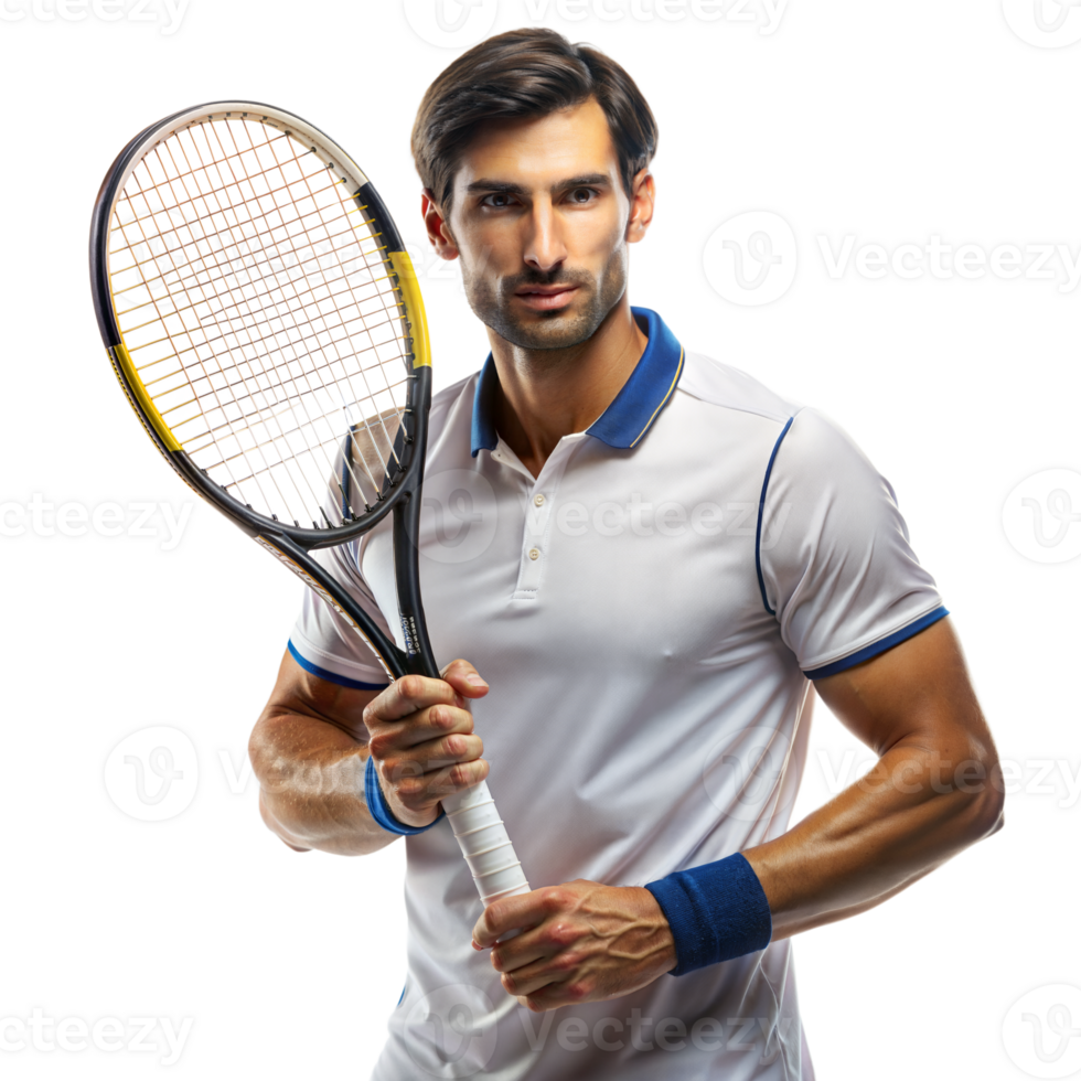 A tennis player wearing a white shirt poses confidently with a racket png