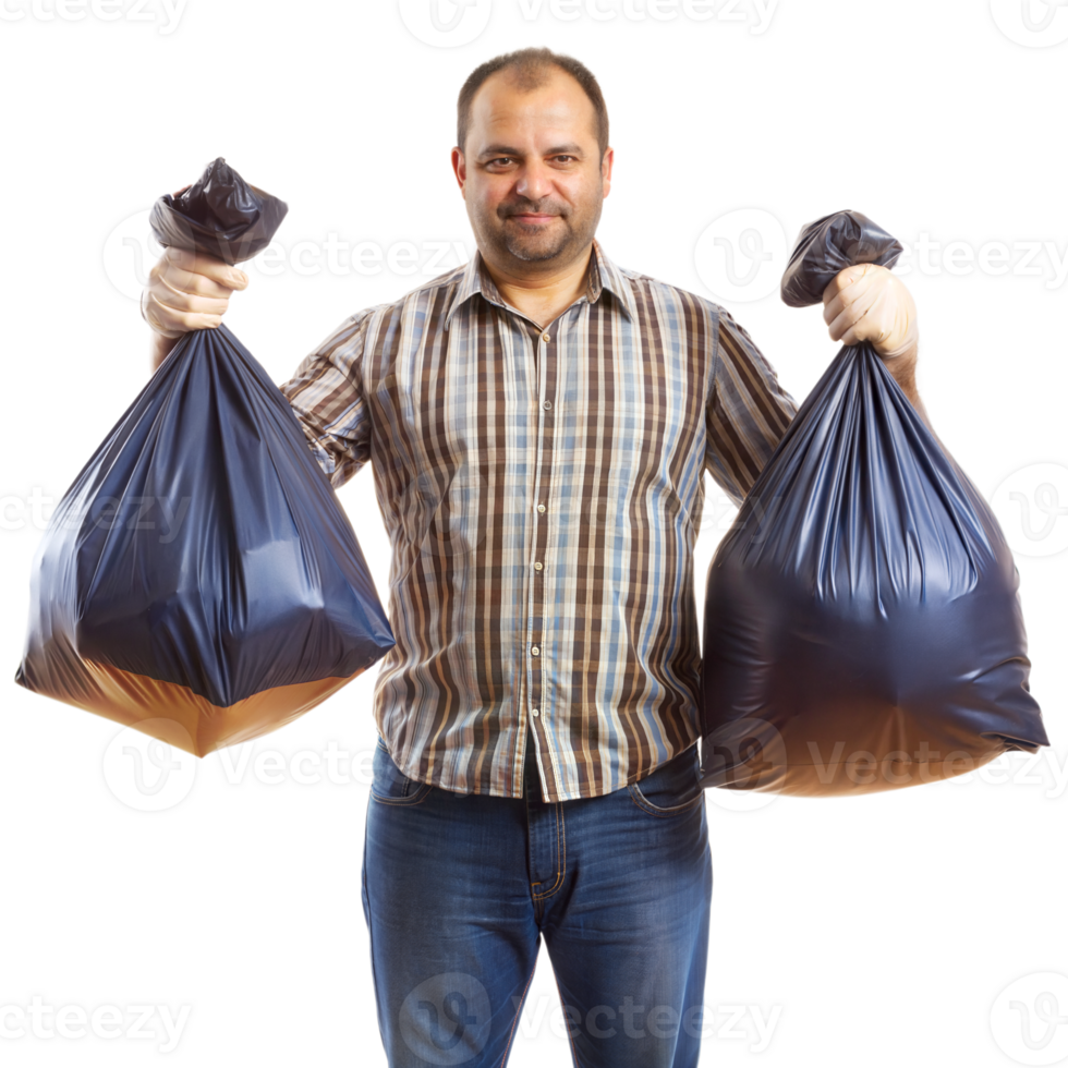 Man in casual plaid shirt holds two full garbage bags, smiling confidently inside png