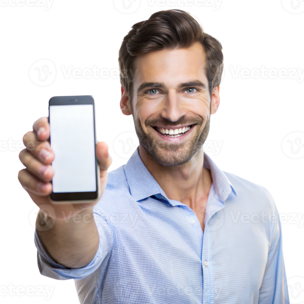 Man in a blue shirt smiling while presenting a blank-screen smartphone with a transparent background png
