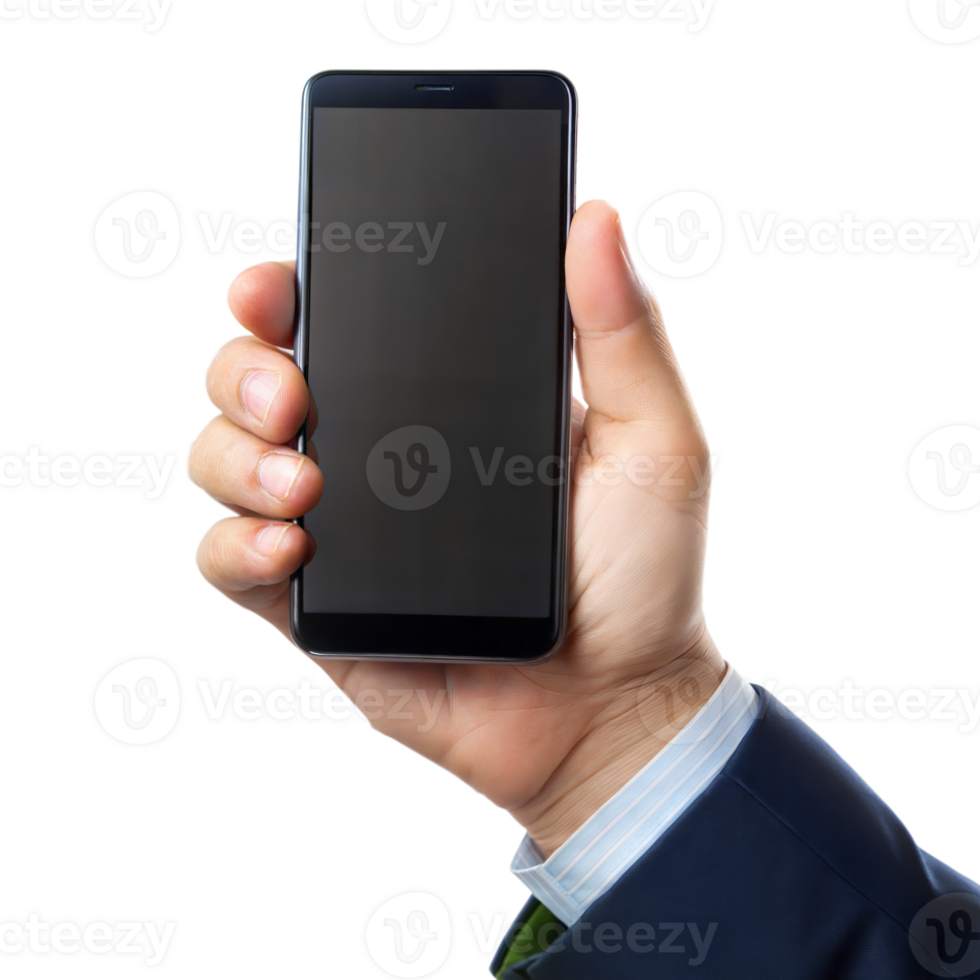 A businesspersons hand firmly holds a smartphone, showcasing the device on a transparent background png