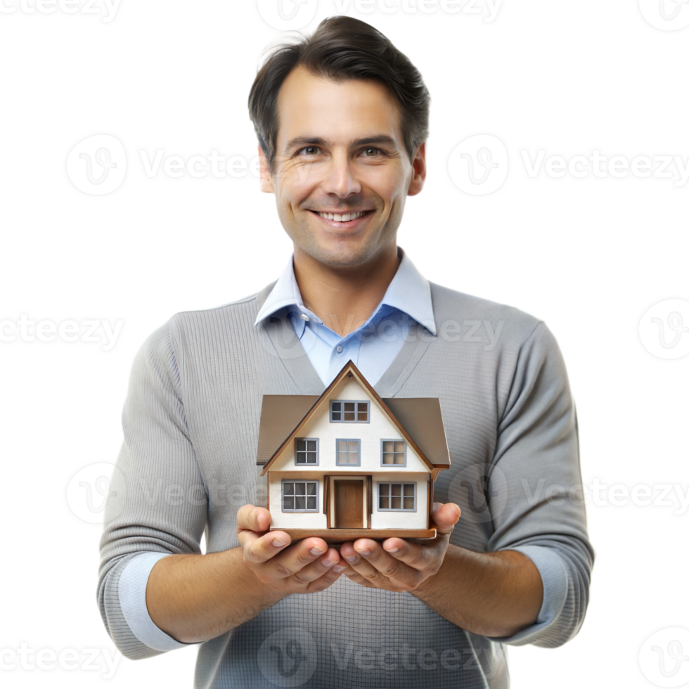 Man in gray sweater and blue shirt cheerfully presenting a miniature house indoors with a clear, transparent backdrop png