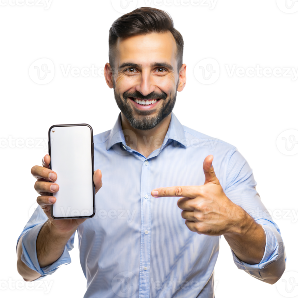 A cheerful man wearing a light blue shirt points at a smartphone with a blank screen png