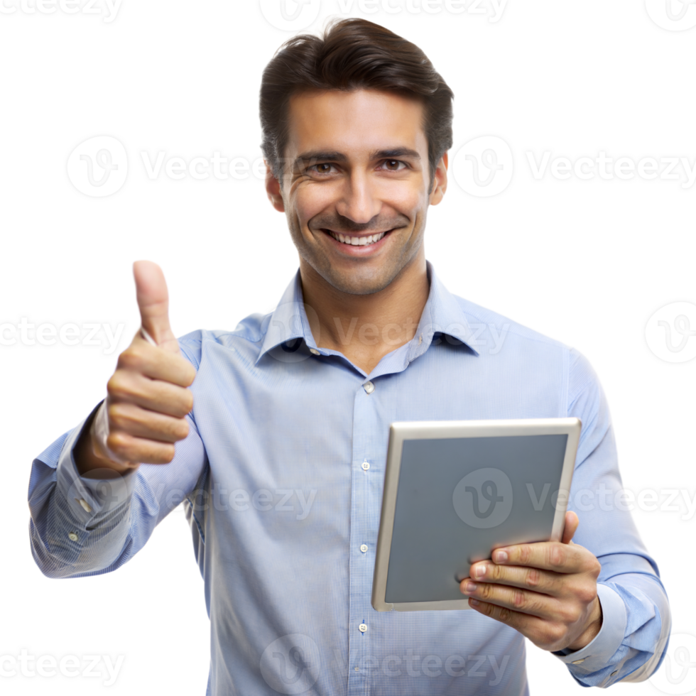 A man in a blue shirt holds a tablet and gives a thumbs up, smiling confidently png