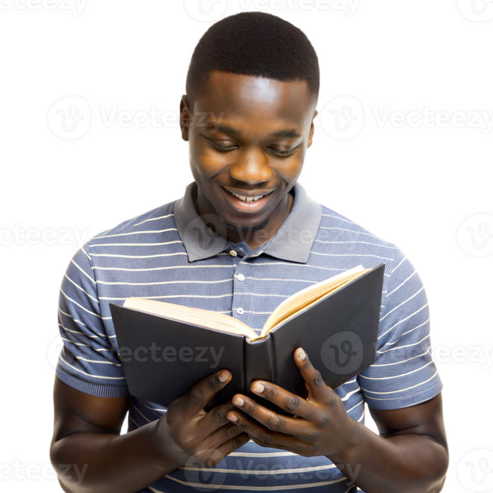 A young man in a striped shirt is happily reading a book png