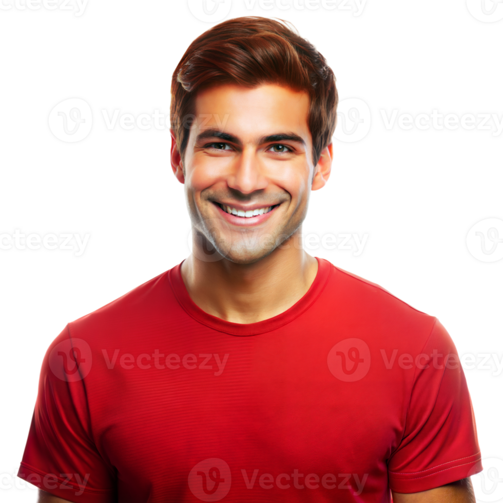 Cheerful young man smiling in red shirt against transparent background png