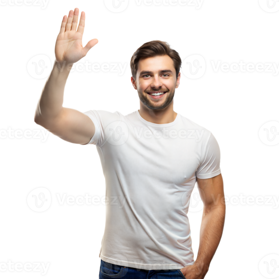 A cheerful man in a white t-shirt waves hello, standing against a clear, transparent background png