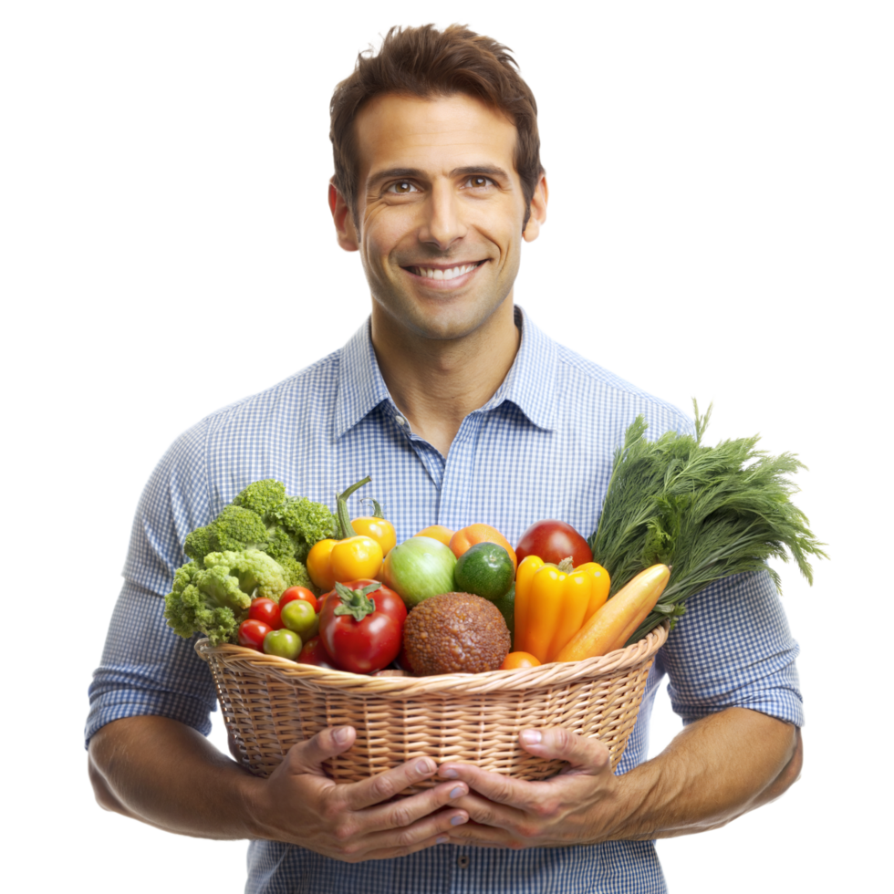 A cheerful man in a blue shirt holds a wicker basket filled with a variety of fresh vegetables, smiling at the camera png